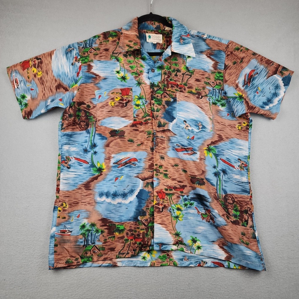 Vintage Waikiki Holiday Shirt Mens Large Multicolor Hawaiian Surf Graphic Aloha